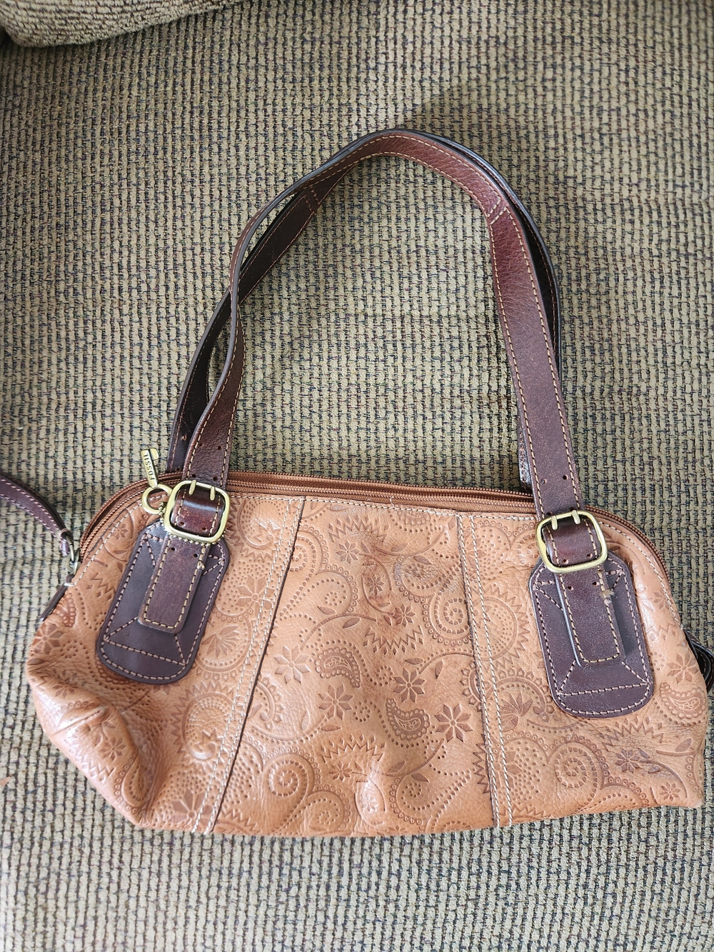 Fossil Tan Embossed Leather Shoulder Bag with Dark Brown Straps